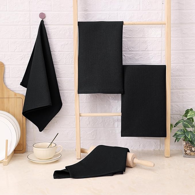 Homaxy 100% Cotton Waffle Weave Kitchen Towels - 12 Pack Soft and Absorbent Dish Towels - 16 x 26 Inches Quick Dry Hand Towels - Black