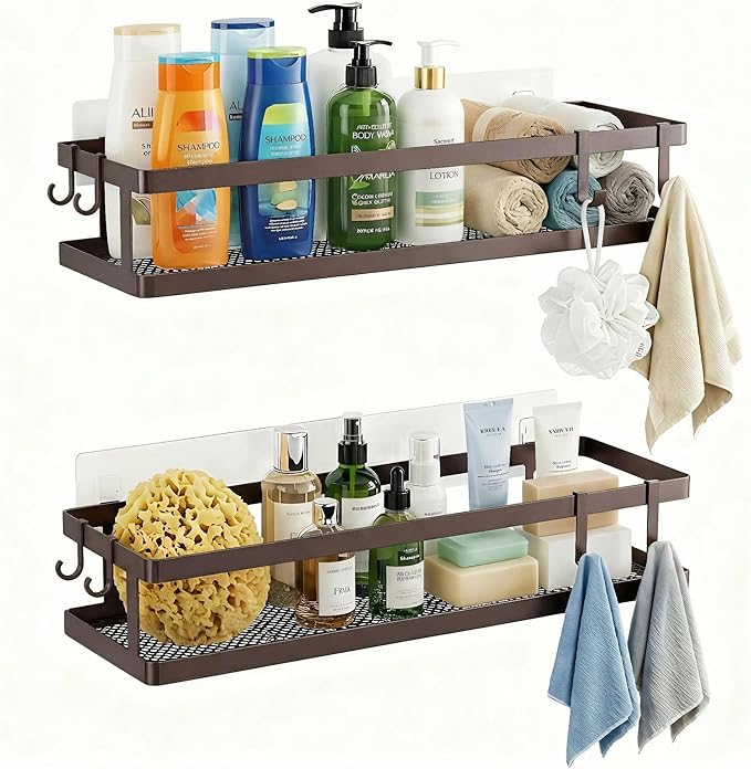 PUSDON 2-Pack 16.5" Extra Long Slim Shower Caddy, Adhesive Wall Mount Bathroom Organizer, Rustproof Open Frame Mesh Spice Rack for Kitchen, Holds 50LBS - Vintage Bronze, Guardrail