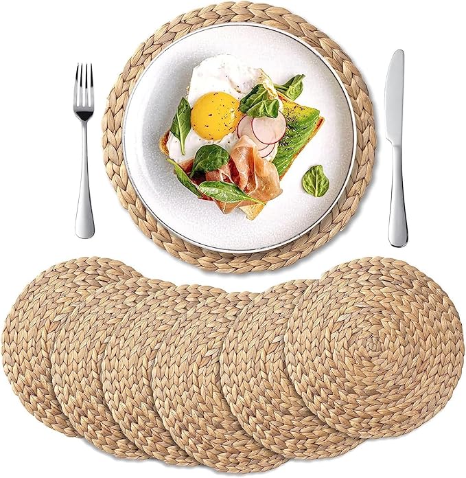 YANGQIHOME 6 Pack, Round Woven Placemats, Natural Water Hyacinth Wicker Place mats, Braided Straw Table Mats, Charger Plates for Dining Table, Fall, Thanksgiving, Christmas (11.8 inch)