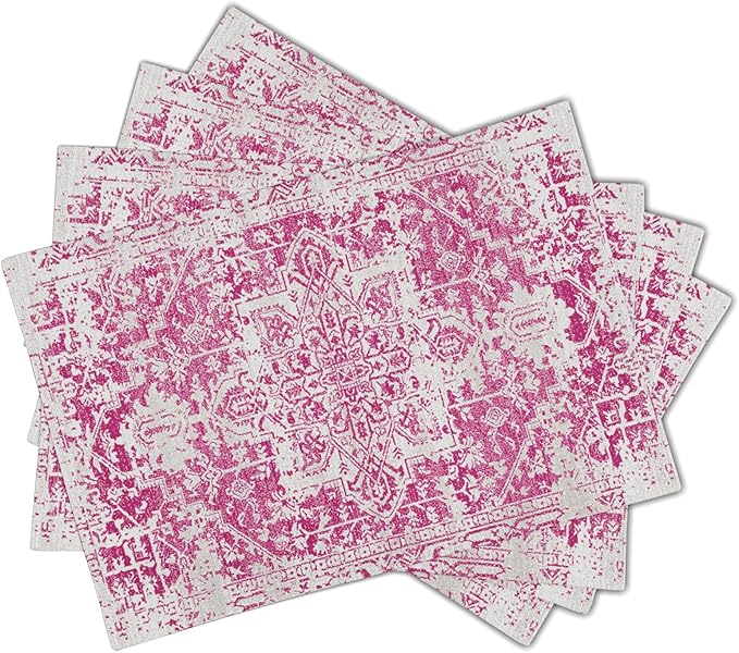 Gray Hot Pink Boho Placemats Set of 4 Ethnic Bohemian Carpet Place Mats Washable Kitchen Dining Vintage Grey Geography Floral Linen Table Mats Stain Heat-Resistant for Home Party Indoor 12x18 in