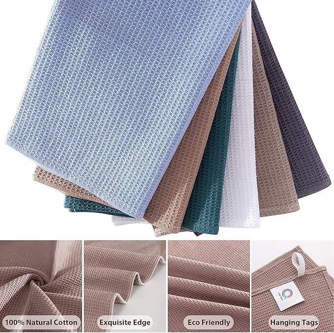 QUILTINA Dish Towels Set,100% Cotton Waffle Weave Kitchen Towels 12 Pack,17 x 25 Inches Dish Towels for Kitchen,Ultra Soft Dish Drying (White, Gray, Light Khaki, Light Blue, Dark Green, Brown)