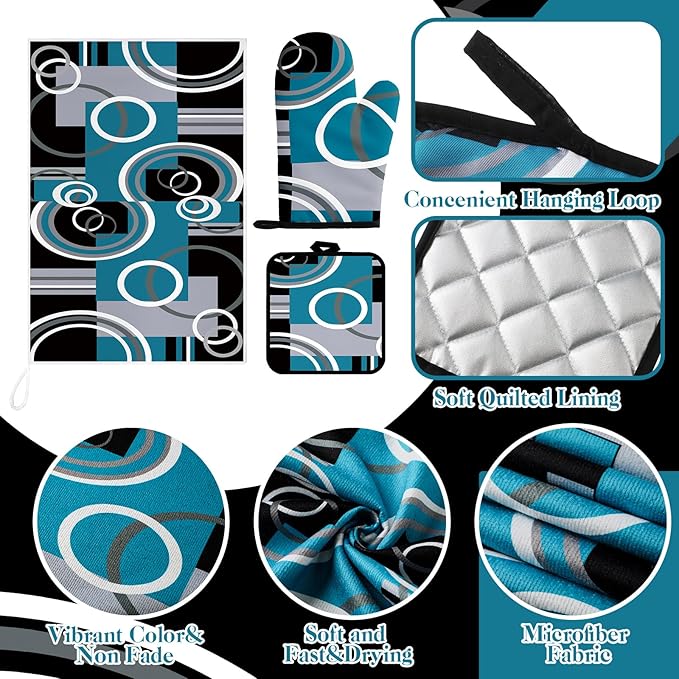 Jingmore 6 Pcs Kitchen Decor Set Accessory Farmhouse Kitchen Towels Pot Holders Oven Mitts Set 2 Dish Towels 2 Pot Holders 2 Cooking Mittens Oven Glove for Cooking(Teal,White, Gray,Geometric)