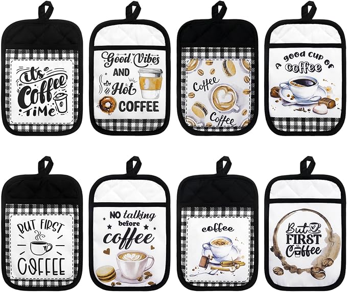 Bencailor 8 Pcs Coffee Pot Holder with Pocket Farmhouse Kitchen Decoration Heat Resistant Potholders Hot Pad Oven Mitts Cookie Bag Oven Gloves for Kitchen Decorations Microwave Baking