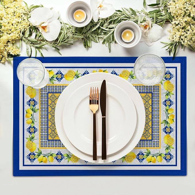 Lemon Summer Table Placemats for Dining 12 x 18 Inch Set of 4，Blue Yellow Boho Heat-Resistant Washable Table Non-Slip Rectangle Place Mat for Seasonal Party Kitchen Dining Table Decor