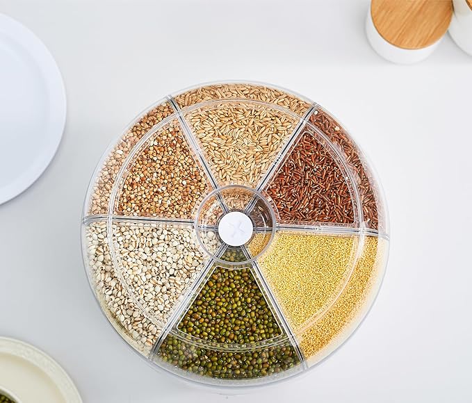 Rice Dispenser | 360° Rotating Grain Storage Bin - 6 Grids, 10LBS Large Capacity Food Container, Moisture-Proof, One-Click Output for Rice, Beans & Pet Food - Kitchen Pantry Organizer (White)