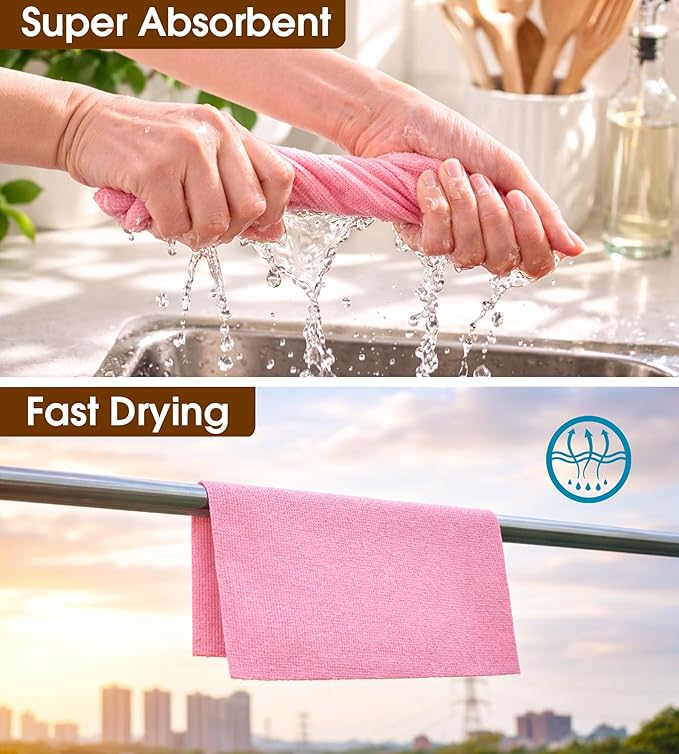 KitchLife Microfiber Cleaning Cloth Roll, 100 Pack - Tear-Away Microfiber Paper Towels, Lint-Free, Reusable, Washable for Kitchen, Car, Dishes, and Sensitive Surfaces (Pink)