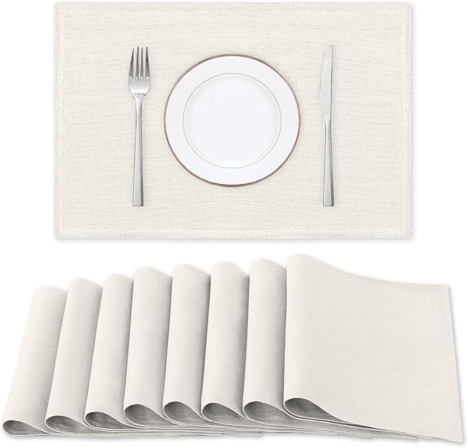 H.VERSAILTEX Linen Placemats Set of 8 Premium Solid Table Placemats for Dining Table Spill-Proof Waterproof Table Mats Heat-Resistant Kitchen Table Mats Washable, 12x18 inches, Ivory
