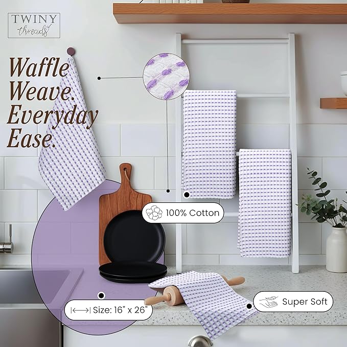 TWINY threads Waffle Weave Kitchen Towels Set of 4, Premium 100% Cotton, 16x26 Inches Dishcloths Pack, Ultra Absorbent & Quick Dry Wash Rags for Home Kitchens, Lavender, White