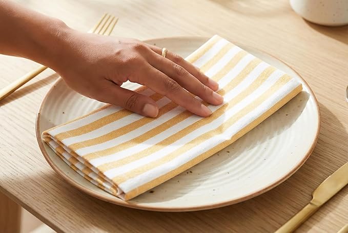PurpleEssences Plain Striped Cloth Napkins - Set of 12-100% Cotton - 18 x 18 Inch - Spring Easter Summer and Perfect Everyday Use Dinner Napkin - Golden Yellow White