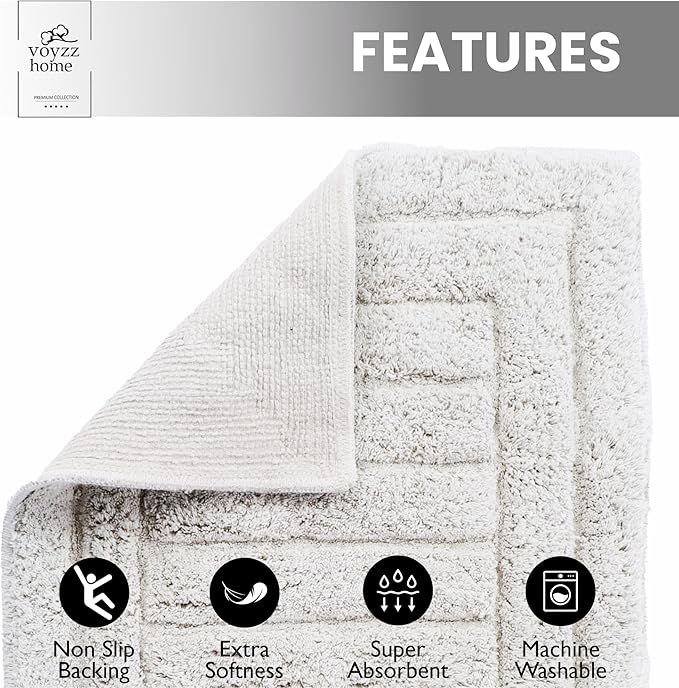 voyzz home Luxurious 100% Cotton Bath Rug Mat - Featuring Ultra-Soft Plushness, Non-Slip Design, Super Water Absorbent and Machine Washable Mats for Bath Floor, Tub and Shower, 17"x24" Striped Grey