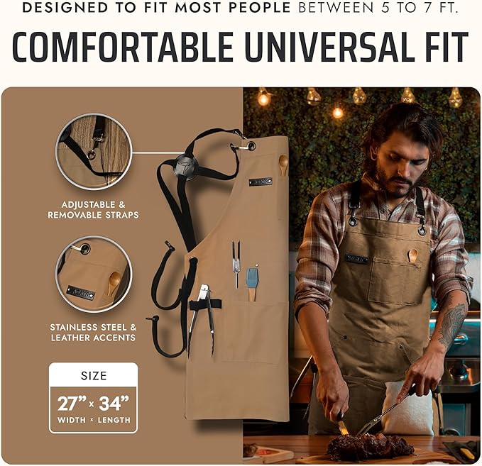 Asaya Chef and BBQ Apron with Bottle Opener and Hand Towel - 10oz Cotton Canvas, Stainless Steel Hardware - Cross Back Straps