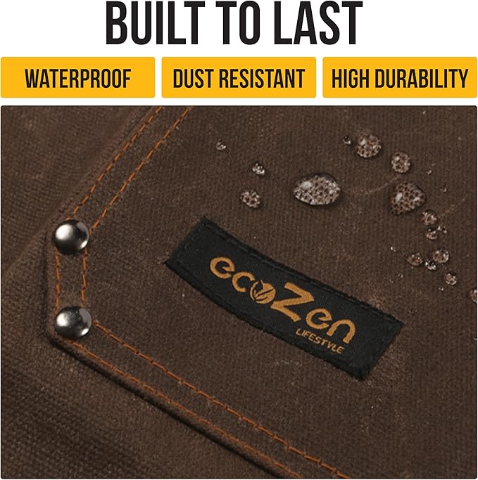 ecoZen 16oz Waxed Canvas Work Apron with Pockets - Waterproof, Fully Adjustable to Comfortably Fit Men and Women, 27 x 34 inches, Tough Tool Apron for Lasting Protection - Brown, Size S to XXL