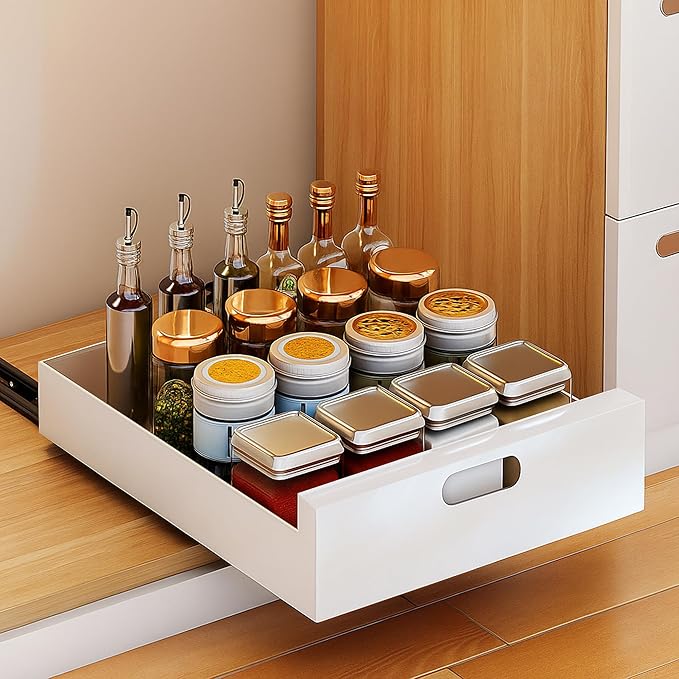 bealy 21'' Deep Pull Out Cabinet Organizer Adhesive, 10'' Wide Roll Out Cabinet Shelf Drawers for Face Frame or Frameless Cabinets, Sturdy Carbon Steel Kitchen Organizer for Pantry, Kitchen, Bathroom