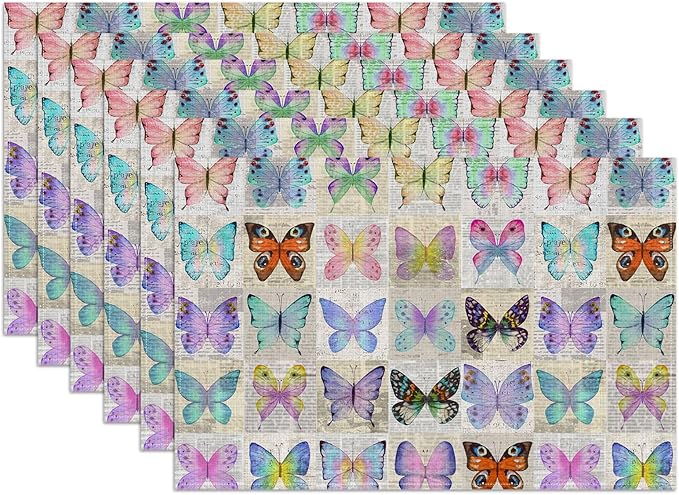 Watercolor Butterfly Placemats Set of 6, Washable Heat Resistant Table Mat Linen Place Mats for Party Kitchen Dining Home Decor 12x18 Inch