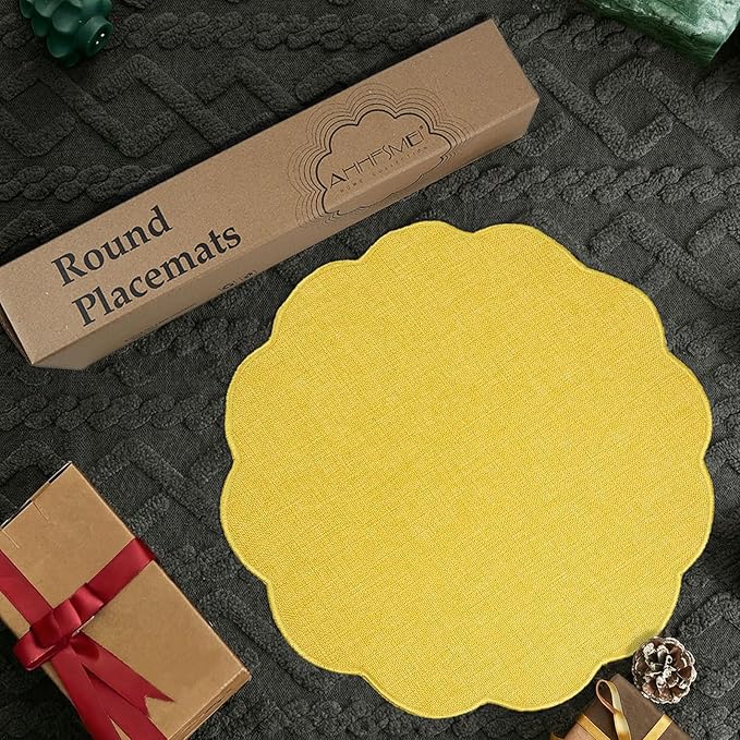 AHHFSMEI Round Faux Linen Placemats Set of 4 Heat Resistant Non-Slip Stain Proof Table Mats for Kitchen Dining Elegant Decor Place Mats (Yellow,4)