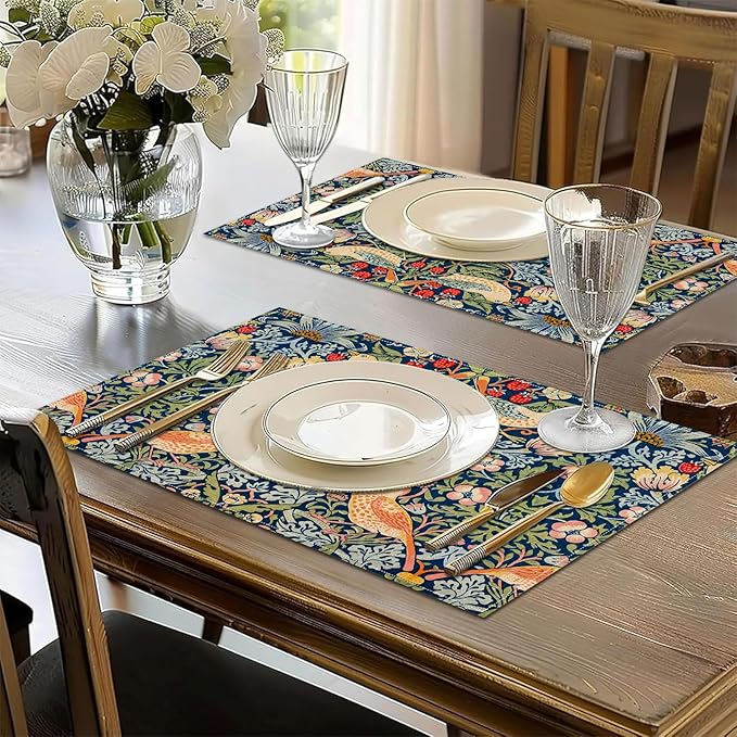 Strawberry Thief William Morris Placemats Set of 6, Floral Bird Washable Linen Place Mat Heat Resistant Non Slip Kitchen Dining Table Mats 12x18 Inch