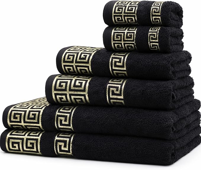 Premium Soft Cotton 6 Piece Towel Set with Greek Key Design – 2 Bath Towels 2 Hand Towels 2 Washcloths, Ultra Absorbent & Quick Dry Bathroom Towels, Turkish Towels for Bathroom, Black Towel Sets G01