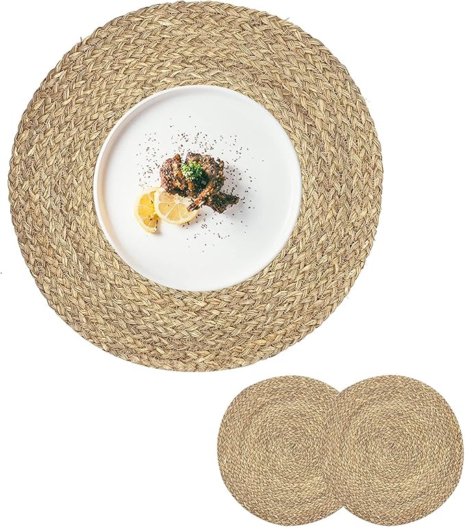 Woven Placemats for Dining Table Set of 2, 100% Natural Straw, Rustic Round Placemats Farmhouse Table Mats Rattan Wicker Placemats Hand Braided Place Mats for Indoor Outdoor, 14.17“