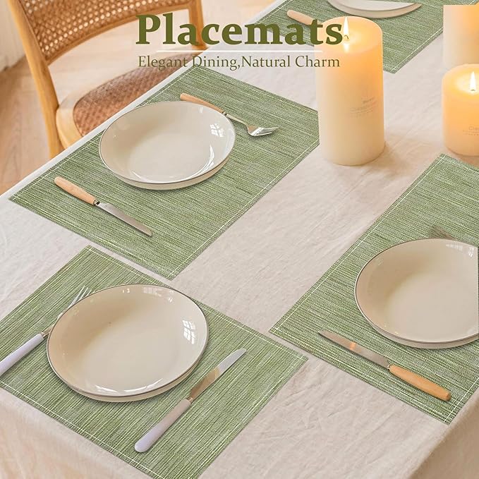 Bloss Green Placemats Set of 6-12x18 Inch Table Mats Washable Heat-Resistant Place Mats for Dining Table, Easy to Clean Seasonal Place Mats for Holiday Party Kitchen Dining Table Decoration