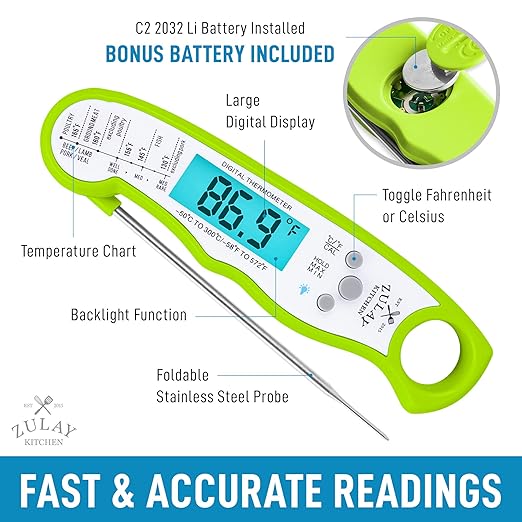 Zulay Instant Read Food Thermometer - Waterproof Digital Meat Thermometer with Backlight, Calibration & Internal Magnetic Mount - Cooking Thermometer for Meat, Kitchen, BBQ & Grill (Green)