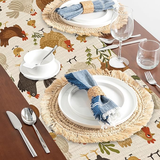 Cute Roosters Chickens Hen Table Runners 70 inches Long Table Runner Elegant Linen Dresser Scarfs Farmhouse Tablerunner for Wedding/Coffee/Dining Table/Party Home Decor