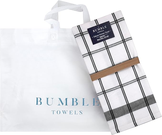 Premium Kitchen Towels (20”x 28”, 12 Pack) | Large Cotton Dish Towels | Flat & Terry Highly Absorbent Kitchen Linen Set with Hanging Loop | Black Check