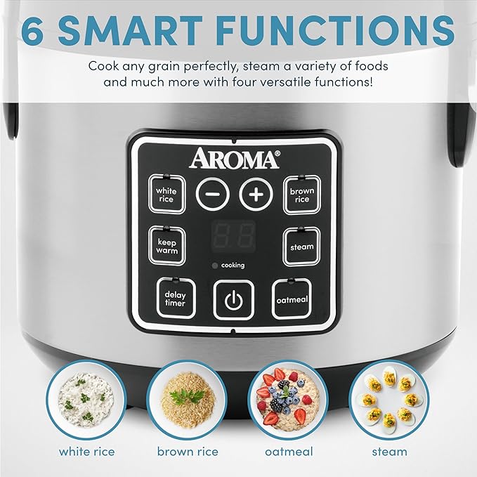 AROMA® 8-Cup (Cooked) / 2 Qt. Digital Rice & Grain Multicooker, Durable Nonstick Inner Pot, Oatmeal, Steam, White & Brown Rice, Keep Warm