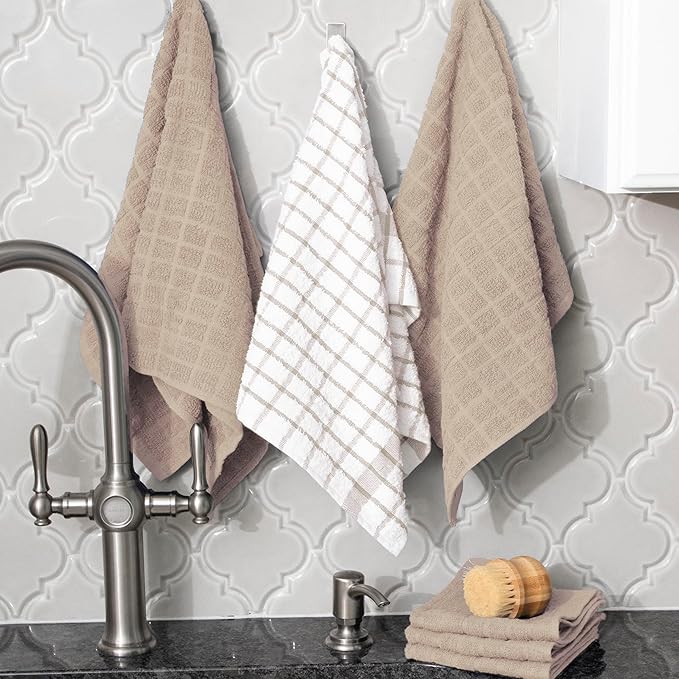 Ritz Premium Kitchen Towel and Dish Cloth Value Set: Highly Absorbent, Super Soft, Long-Lasting, 100% Cotton Checked and Solid Hand Towels, Tea Towels, Bar Towels - 6 Pack, Putty