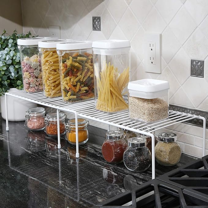 Smart Design Expandable Storage Rack - Set of 6 - Metal Wire - Kitchen Counter, Bathroom Medicine Organizer, Dish, Plate Display Shelf, Sink Cabinet, Spice Pantry - 16 x 32.5 - White