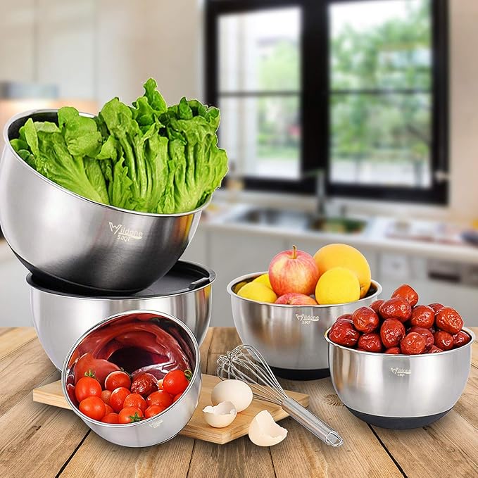 Wildone Mixing Bowls with Airtight Lids Set, 5PCS Stainless Steel Nesting Bowls for Kitchen, with Grater Attachments & Non-Slip Bottoms, Size 5, 3, 2, 1.5, 0.63 QT, Great for Mixing & Serving