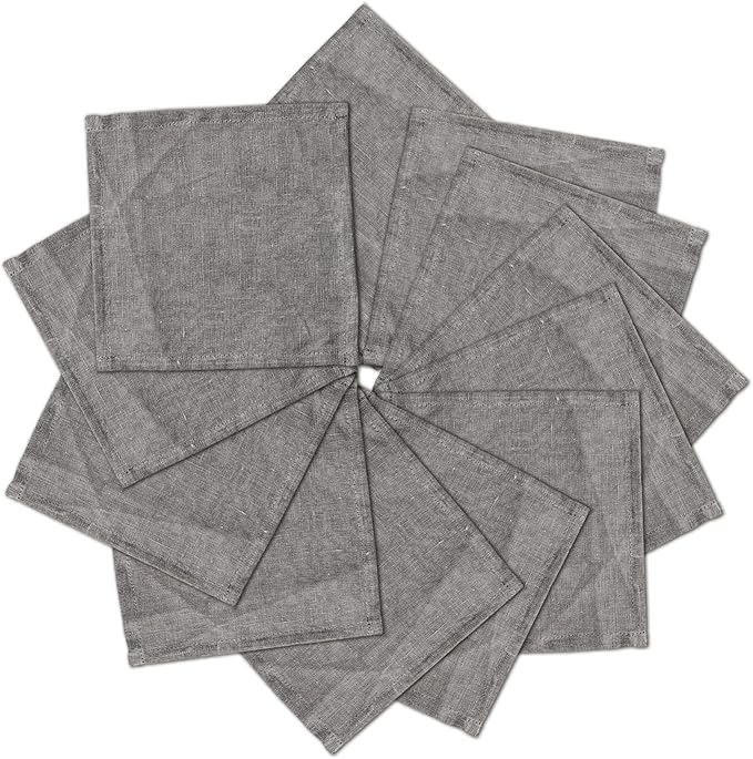 Cocktail Napkins 6 x 6 Inch Taupe Grey - 12 Pack, 100% Pure Linen Dinner Small Bar Napkin Cloth Coasters with Hemmed Edges, Durable&Washable, Perfect for Beverage, Party, Dessert, Coffee