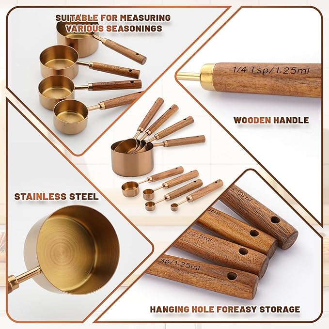 Premium Measuring Cups and Spoons Set with Wood Handle, 8-Pieces Stainless Steel Liquid and Dry Measuring Cup Set for Baking, Cooking, Coffee with Ergonomic Grip & Engraved Markings (Bronze8)