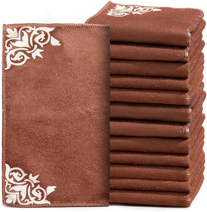 YUA Microfiber Cleaning Cloth 12 Pack,Microfiber Towels Cleaning,Microfiber Towels for Cars,Absorbent Dish Washing Cloth,Reusable Cleaning Cloths Lint Free (Brown Corner Flower)