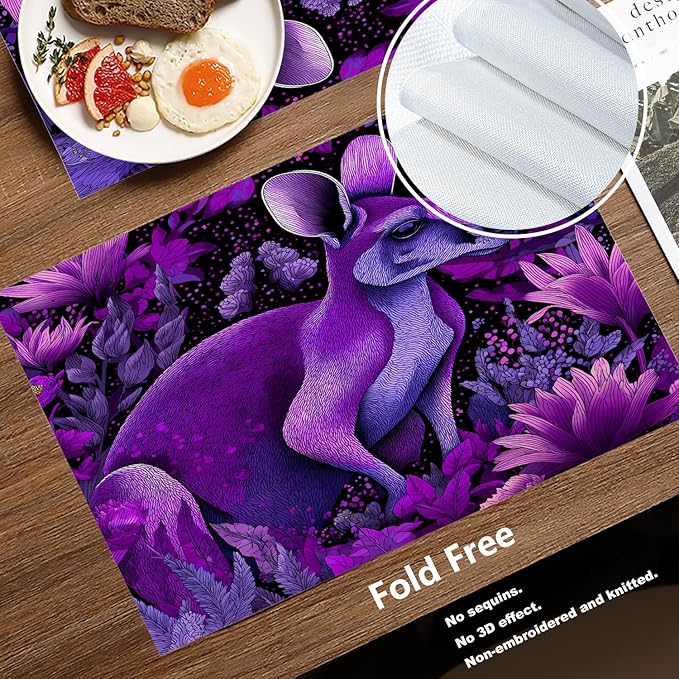 Batmerry Cute Kangaroo Placemats, Violet Kangaroo in Flowers Washable Linen Table Mats for Kitchen Table Double Insulation Decor Dining Set Indoor Outdoor 12X18 in Set of 4