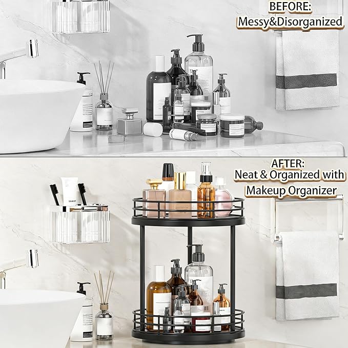 Bathroom Organizer Countertop,2 Tier Rotating Makeup Organizer Countertop for Vanity,Wooden Bathroom Counter Storage Shelf,Lazy Susan Turntable for Perfume,Skincare,Cosmetic (Black)