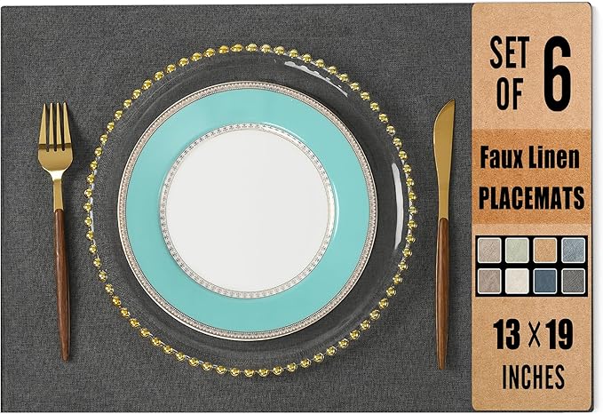 UnivoColors Set of 6 Faux Linen Placemats, Heat-Resistant & Easy-to-Clean,13"x19"for Dining Table, Kitchen, Holiday Meals (Dark Grey)