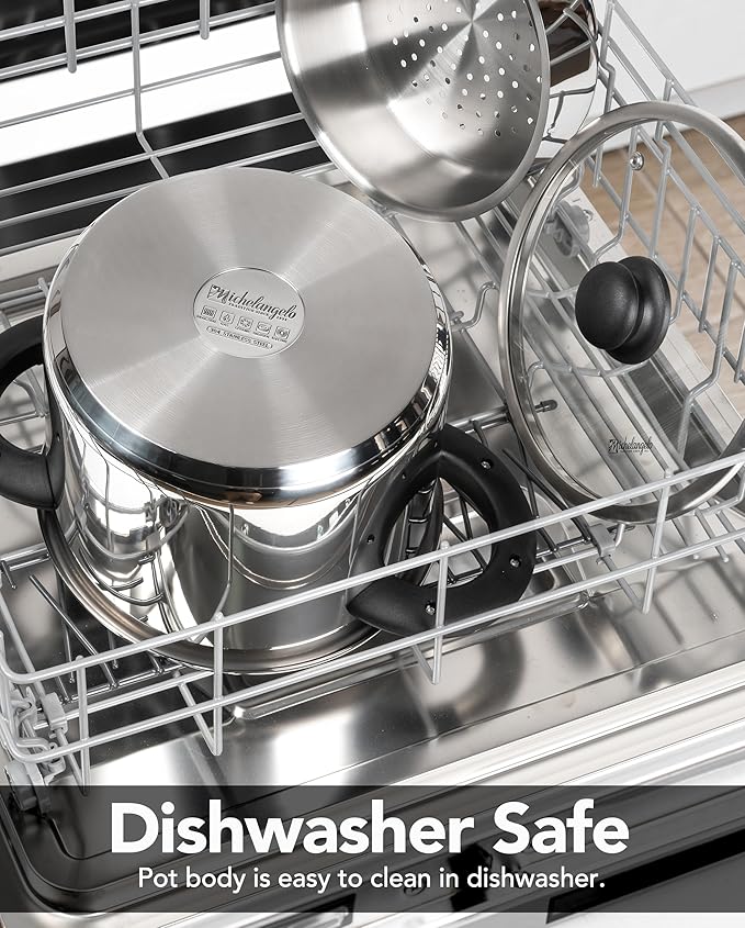 MICHELANGELO Stainless Steel Pressure Cooker 6.3 Quart, 3-in-1 Olla de Presion, One-Hand Locking System, Induction Compatible, with Glass Lid & Steamer