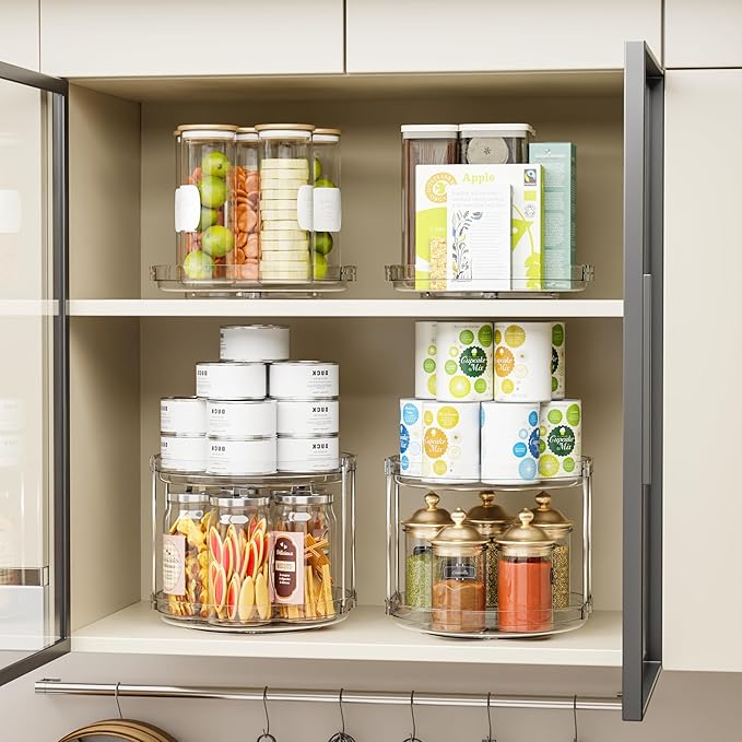 SUOXING 2 Pack Rotating Small Lazy Susan Turntable for Cabinet,9.5 Inch Clear Acrylic Spice Rack,Turntable Organizer for Refrigerator,Kitchen,Pantry and Vanity Makeup,Bathroom Countertop Organizer