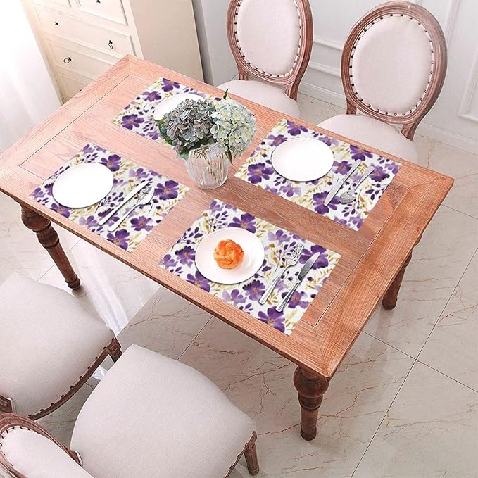 Purple Floral Linen Placemats Set of 4, Gold Accented Flowers Printed Place Mats for Dining Table, Kitchen, Party, Heat Resistant Non-Slip Purple Table Mats, Gift for Wedding, Spring Easter Home Decor