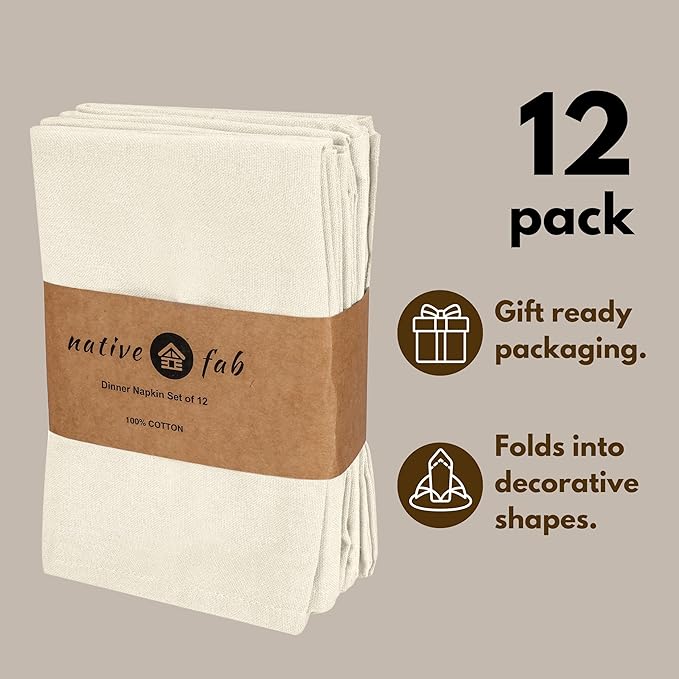 Native Fab Cloth Dinner Napkins, 12 Pack, 100% Cotton, 17x17 Inches, Soft Texture, Machine Washable, Colorfast, Suitable for Easter Lunch, Bridal Showers, Tea Parties, Formal Dining, Ivory