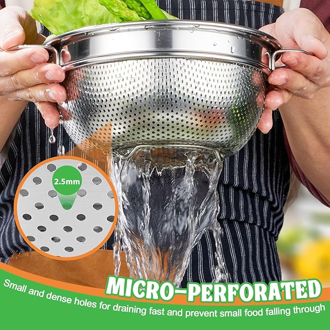 P&P CHEF Colander Strainer Stainless Steel 3 Quart, Metal Micro-Perforated Colander for Kitchen Food, Ideal for Rinsing Washing Draining, Dishwasher Safe, Shiny Silver, 1PC