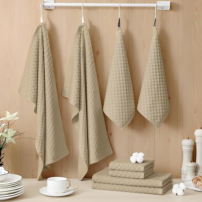 Homaxy 100% Cotton Kitchen Towels and Dishcloths Set, 12 x 12 & 15 x 25 Inches, Set of 8 Bulk Terry Cloth Dish Towels, Super Soft and Absorbent Hand Towel with Hanging Loop, Tan