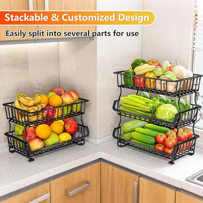 Gsiekare 3-Tier Rolling Pantry Organizer and Storage Cart with Wheels – Stackable Wire Snack Cart for Kitchen, Pantry Shelves and Storage Rack for Fruit, Vegetables, Onion, Potato (1 Pack)