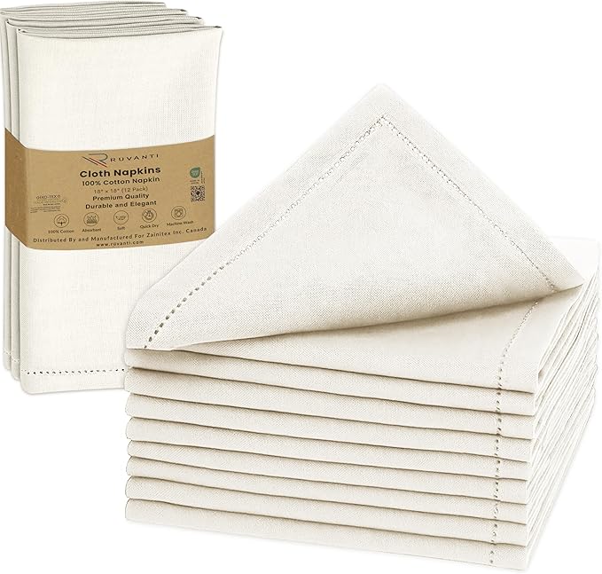 Ruvanti Cloth Napkins Set of 12, 100% Cotton High GSM 18x18 Inches, Hem Stitched Corners, Soft, Washable, Durable & Absorbent, Perfect for Parties, Christmas, Thanksgiving Dinners – Antique White