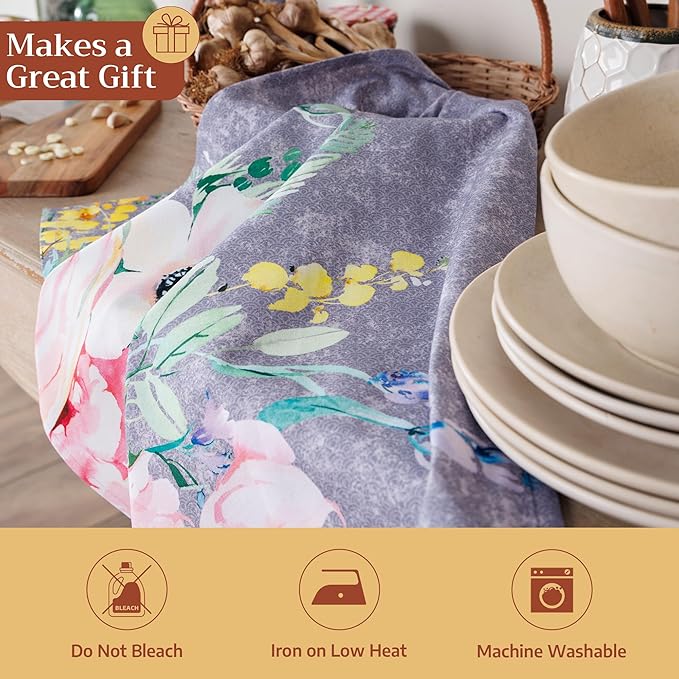 Maison d' Hermine Kitchen Towels Set of 3 100% Cotton 27.50" x 20" Reusable Cloth Tea Dish Towels Absorbent with Hanging Loop for Gifts for Mothers Day Spring/Summer (Sweet Rose Lavender - Lush)