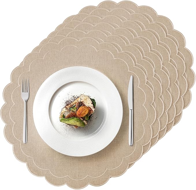 Set of 6 Cotton Linen Placemats, 15 Inch Linen Color Scalloped Flower Embroidery Cloth Table Mats Double Layered Fabric Machine Washable Wrinkle Free Dining Placemat for Hotel Restaurant Kitchen
