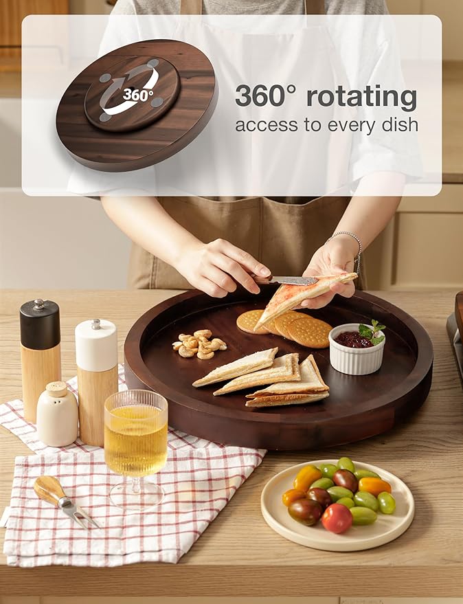 TIDITA 16" Acacia Lazy Susan Turntable for Table - Wooden Charcuterie Boards Cheese Board - Extra Large Lazy Susan Organizer - Kitchen Turntable for Cabinet, Pantry (16 Inch, Walnut)
