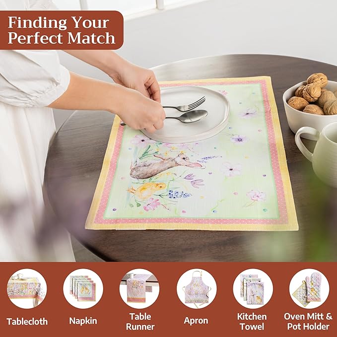 Maison d' Hermine Placemats Set of 4 100% Cotton Washable Cloth Place Mats Reusable Table Mats for Kitchen Dining Party Wedding Gifts for Mothers Day Spring/Summer (Easter Zest, 13" x 19")