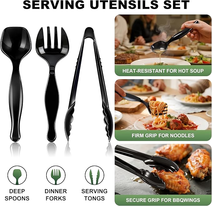 36Pcs Disposable Plastic Serving Utensils Set, 12 Black Spoons, 12 Forks, 12 Tongs, 9-Inch for Party Buffet Catering Events, Heavy Duty and Ergonomic Design (Black)