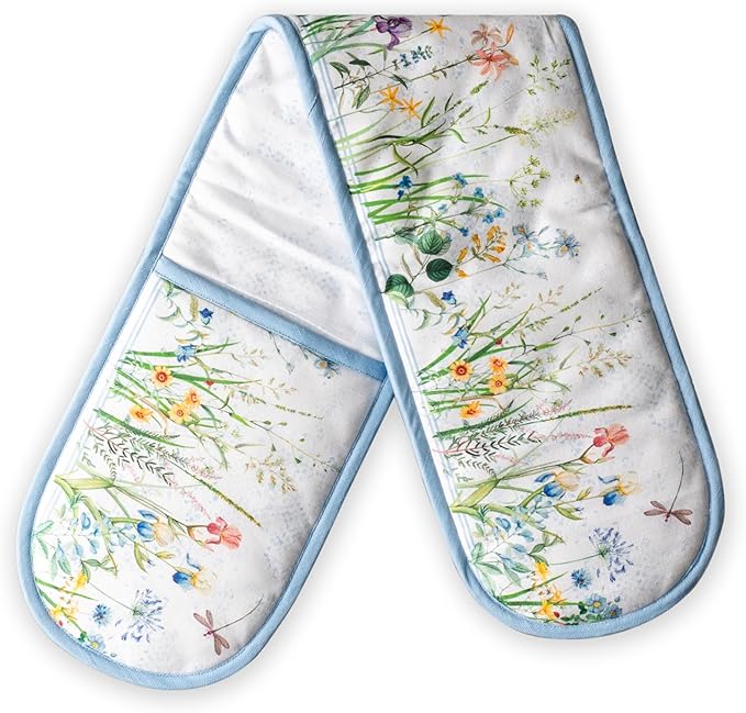 Maison d' Hermine Double Oven Mitts 100% Cotton 7"x35" Double Oven Mitt Heat Resistant BBQ Cooking Gloves with Loop Baking Grilling Gifts for Mothers Day Spring Summer (Fleurs De Mai)